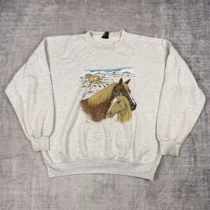 Vtg Nature Sweatshirt Mens Large Gray 90s Hourses Painting GS Roy Crewneck
